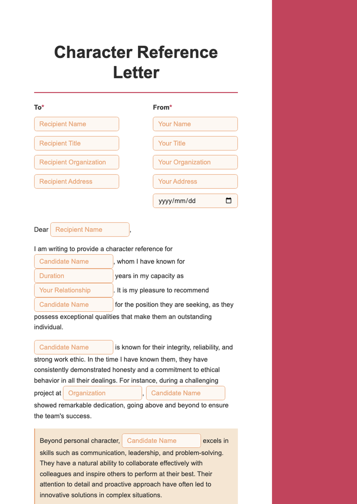 Fillable character reference letter template with red sidebar_variant_2